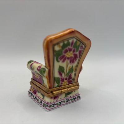 LOT 75: Vintage Limoges Trinket Boxes: Floral Tapestry Armchair & Iron