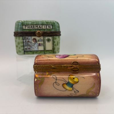 LOT 77: Vintage Limoges Trinket Boxes: Sewing Box & Pharmacien