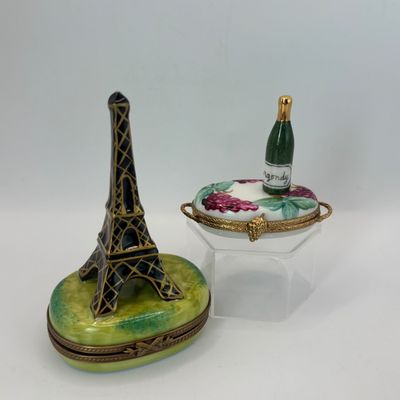 LOT 81: Vintage Limoges Trinket Boxes: Eiffel Tower & A Bottle of Burgundy (missing is the wine glass)