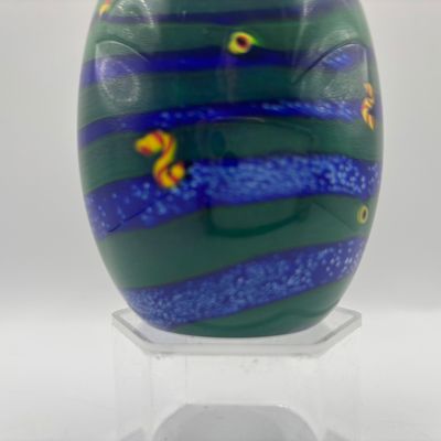 LOT 63: Green & Blue Swirl Artist Signed Art Glass Paperweight