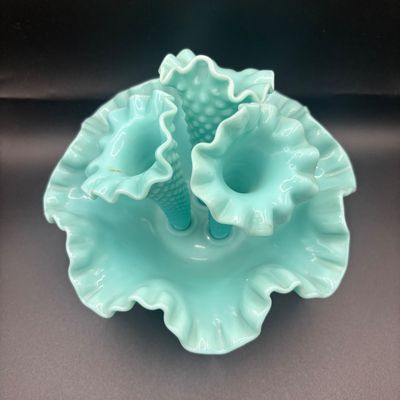 LOT 60: Fenton Turquoise Hobnail 3-Horn Epergne Vase/Bowl