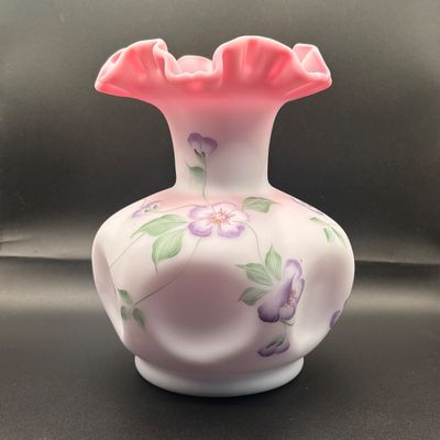 LOT 58: Fenton Floral Satin Vase, Signed by Artist