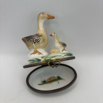 LOT 76: Vintage Limoges Trinket Boxes: Gourmet Chocolate Bar & Mother Duck w/Duckling