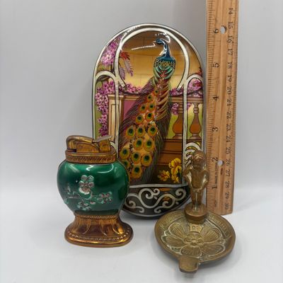 LOT 67: Vintage Floral Chinoiserie Style Geen Enamel & Gold Tone Table Lighter, Brass Manneken Pis Souvenir Ashtray & Peacock...