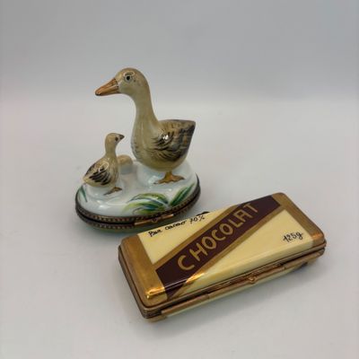 LOT 76: Vintage Limoges Trinket Boxes: Gourmet Chocolate Bar & Mother Duck w/Duckling
