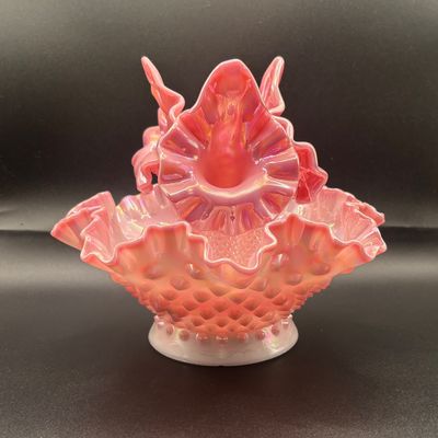 LOT 57: Fenton Pink Opalescent Hobnail 3-Horn Epergne Rosalene Vase/Bowl