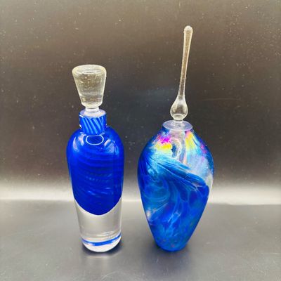 LOT 105: Vintage Art Glass Perfume Bottles: Iridescent Blue & Blue Swirl - unsigned
