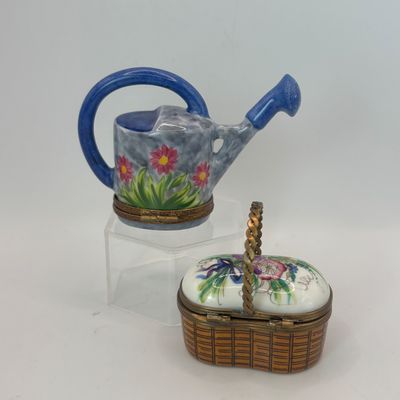 LOT 79: Vintage Limoges Trinket Boxes: Watering Can & Flower Basket
