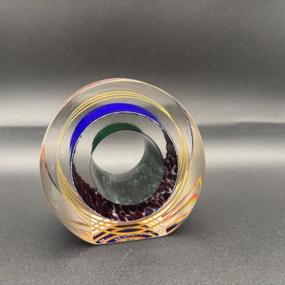 LOT 61: Blue, Red, Yellow Swirled Linear Pattern Art Glass Signed Paperweight