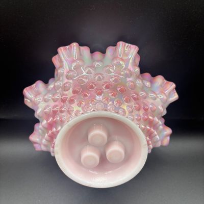 LOT 57: Fenton Pink Opalescent Hobnail 3-Horn Epergne Rosalene Vase/Bowl