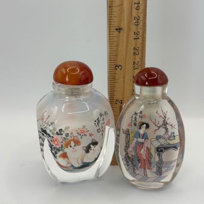 LOT 92: Vintage Chinese Reverse/Inside Painted Snuff Bottles w/Agate Tops
