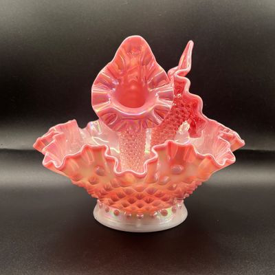LOT 57: Fenton Pink Opalescent Hobnail 3-Horn Epergne Rosalene Vase/Bowl