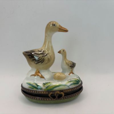LOT 76: Vintage Limoges Trinket Boxes: Gourmet Chocolate Bar & Mother Duck w/Duckling