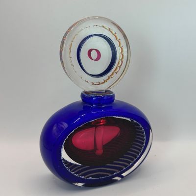 LOT 96: Artisan Signed Cobalt Blue & Red Art Glass Perfume Bottle