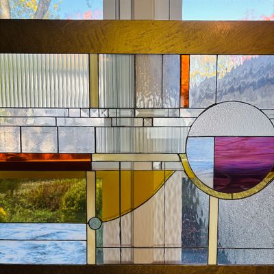 LOT 107: Abstract Geometric Stained-Glass Panel