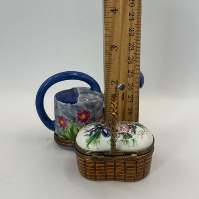 LOT 79: Vintage Limoges Trinket Boxes: Watering Can & Flower Basket