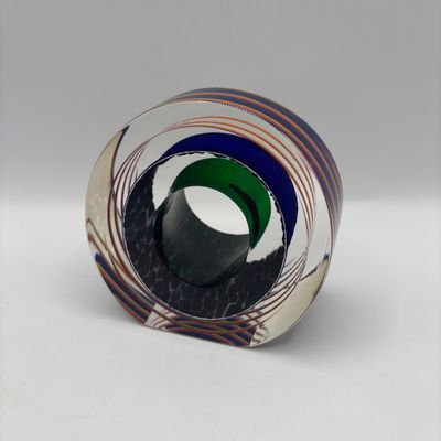 LOT 61: Blue, Red, Yellow Swirled Linear Pattern Art Glass Signed Paperweight