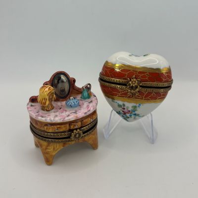 LOT 86: Vintage Limoges Trinket Boxes: Floral Heart & Vanity