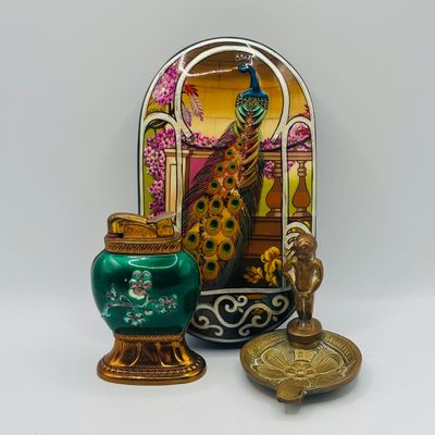 LOT 67: Vintage Floral Chinoiserie Style Geen Enamel & Gold Tone Table Lighter, Brass Manneken Pis Souvenir Ashtray & Peacock...