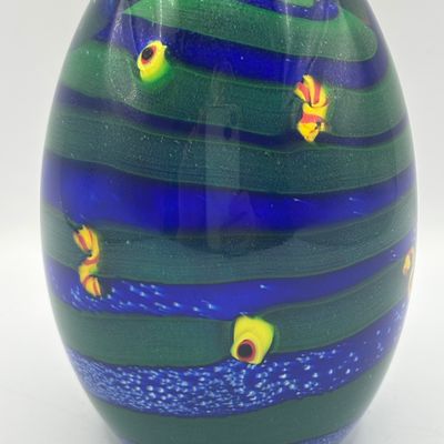 LOT 63: Green & Blue Swirl Artist Signed Art Glass Paperweight