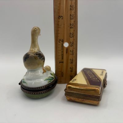 LOT 76: Vintage Limoges Trinket Boxes: Gourmet Chocolate Bar & Mother Duck w/Duckling