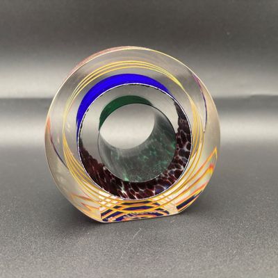 LOT 61: Blue, Red, Yellow Swirled Linear Pattern Art Glass Signed Paperweight