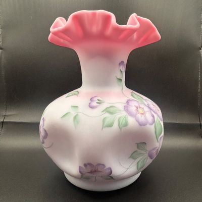 LOT 58: Fenton Floral Satin Vase, Signed by Artist
