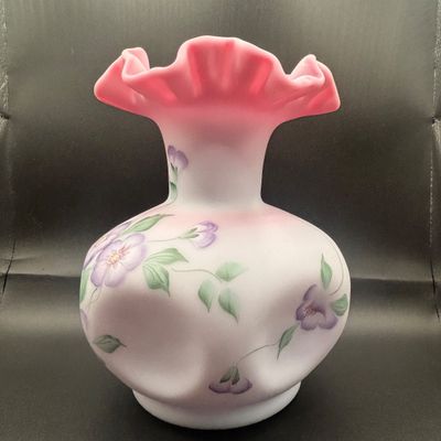 LOT 58: Fenton Floral Satin Vase, Signed by Artist