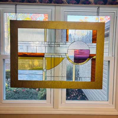LOT 107: Abstract Geometric Stained-Glass Panel