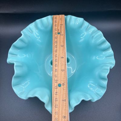 LOT 60: Fenton Turquoise Hobnail 3-Horn Epergne Vase/Bowl