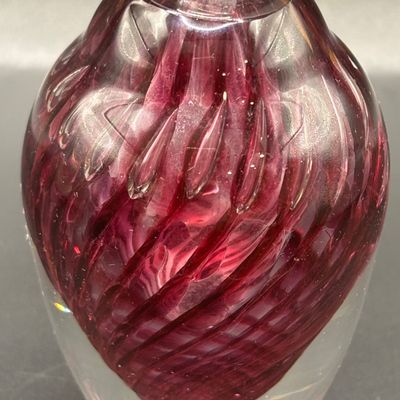 LOT102: Artisan Signed Cranberry Swirl Art Glass Perfume Bottle