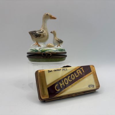 LOT 76: Vintage Limoges Trinket Boxes: Gourmet Chocolate Bar & Mother Duck w/Duckling