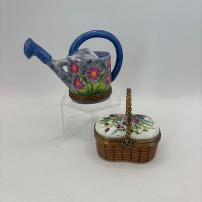 LOT 79: Vintage Limoges Trinket Boxes: Watering Can & Flower Basket