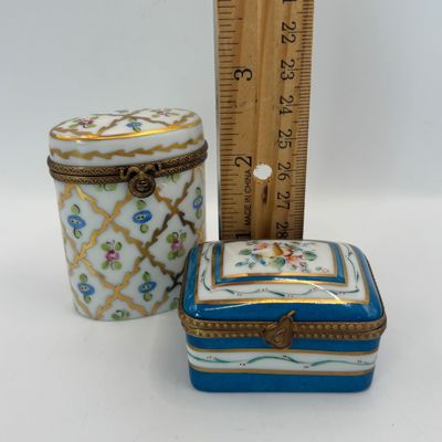 LOT 87: Vintage Limoges Trinket Boxes: Blue & Gold Floral along w/ Diamond Trellis Pattern