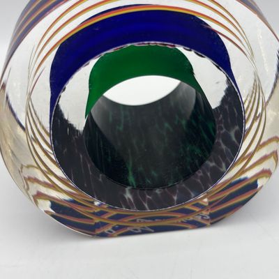 LOT 61: Blue, Red, Yellow Swirled Linear Pattern Art Glass Signed Paperweight