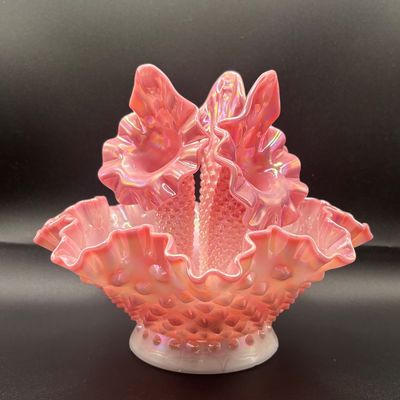 LOT 57: Fenton Pink Opalescent Hobnail 3-Horn Epergne Rosalene Vase/Bowl
