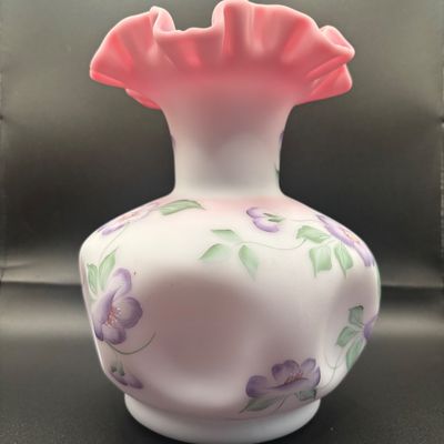 LOT 58: Fenton Floral Satin Vase, Signed by Artist