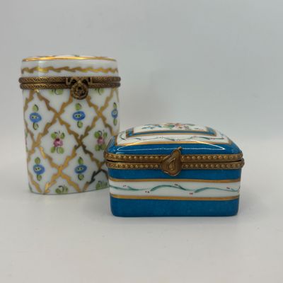 LOT 87: Vintage Limoges Trinket Boxes: Blue & Gold Floral along w/ Diamond Trellis Pattern
