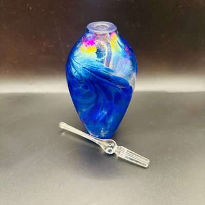 LOT 105: Vintage Art Glass Perfume Bottles: Iridescent Blue & Blue Swirl - unsigned