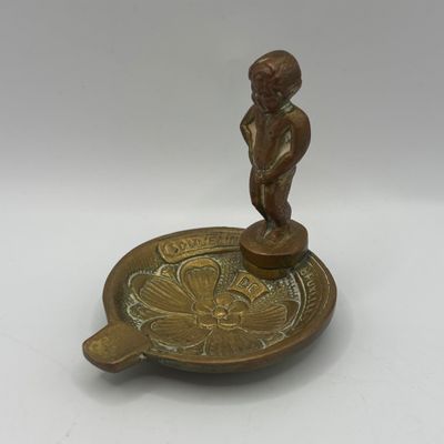 LOT 67: Vintage Floral Chinoiserie Style Geen Enamel & Gold Tone Table Lighter, Brass Manneken Pis Souvenir Ashtray & Peacock...