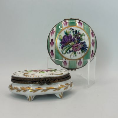 LOT 80: Vintage Limoges Trinket Boxes: Floral Footed & Green Stripe Floral