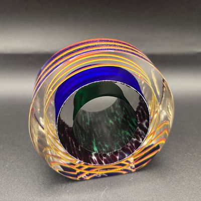 LOT 61: Blue, Red, Yellow Swirled Linear Pattern Art Glass Signed Paperweight
