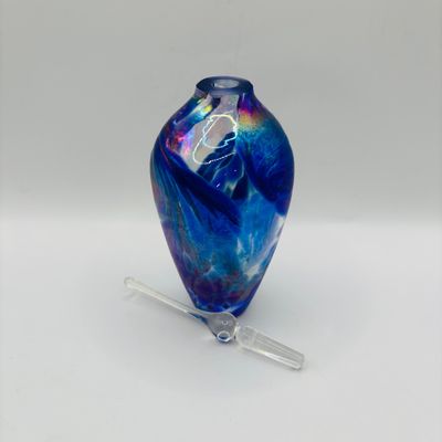 LOT 105: Vintage Art Glass Perfume Bottles: Iridescent Blue & Blue Swirl - unsigned