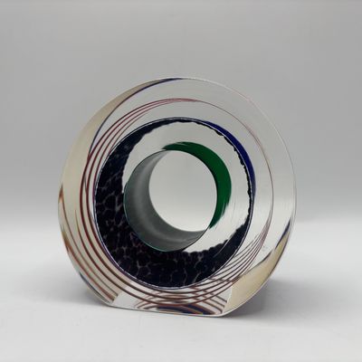 LOT 61: Blue, Red, Yellow Swirled Linear Pattern Art Glass Signed Paperweight
