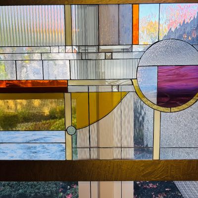 LOT 107: Abstract Geometric Stained-Glass Panel