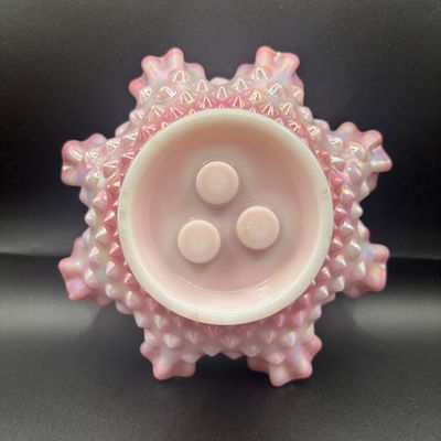 LOT 57: Fenton Pink Opalescent Hobnail 3-Horn Epergne Rosalene Vase/Bowl