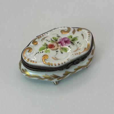LOT 80: Vintage Limoges Trinket Boxes: Floral Footed & Green Stripe Floral