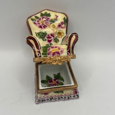 LOT 75: Vintage Limoges Trinket Boxes: Floral Tapestry Armchair & Iron