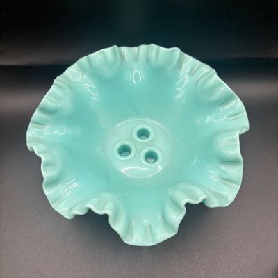LOT 60: Fenton Turquoise Hobnail 3-Horn Epergne Vase/Bowl