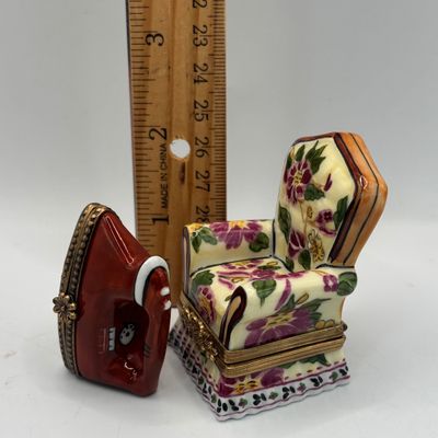 LOT 75: Vintage Limoges Trinket Boxes: Floral Tapestry Armchair & Iron